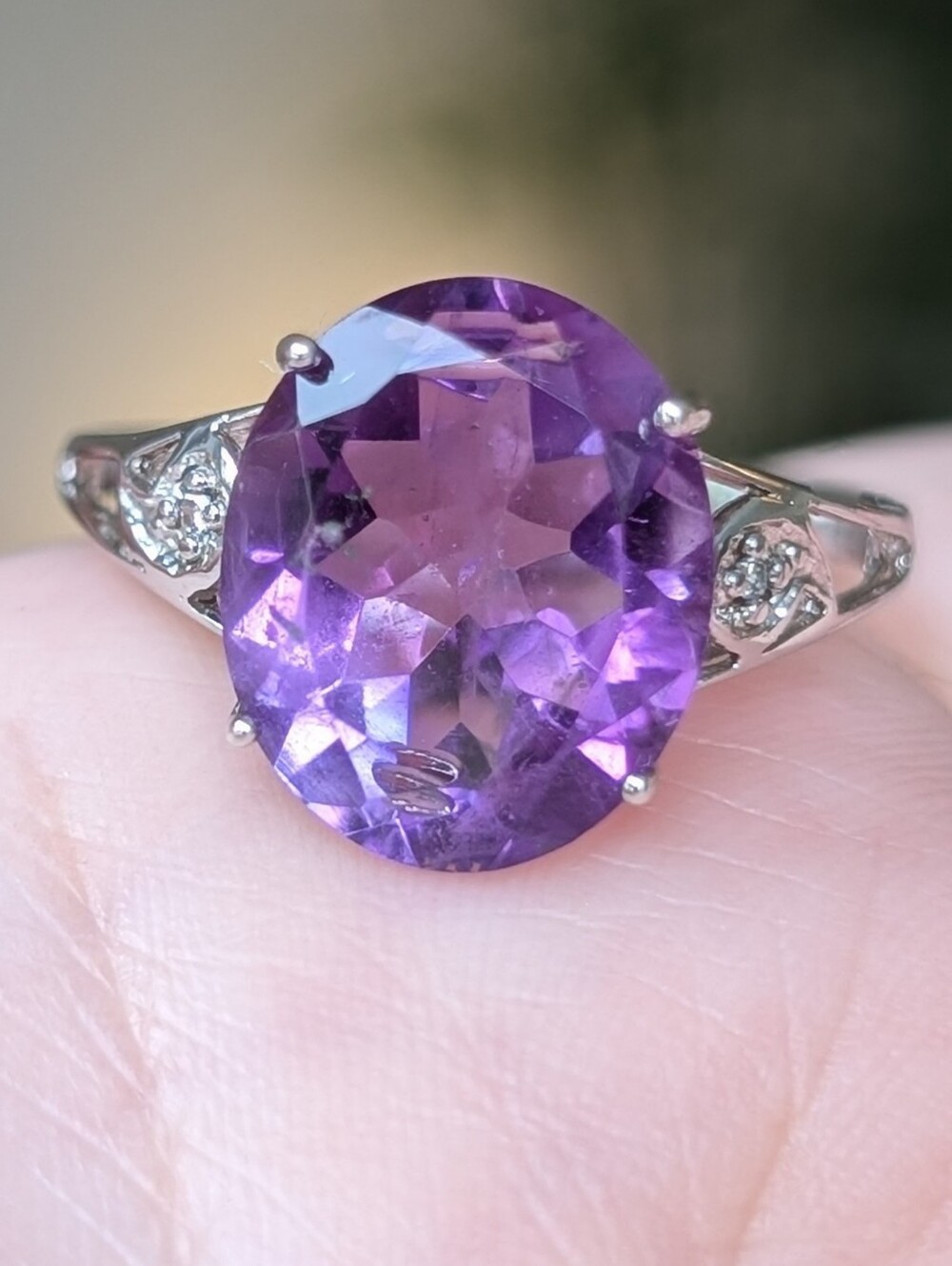 10K White Gold Amethyst Cocktail Ring With Diamond Accent